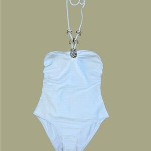 Womens White One Piece w/ gold metal accent